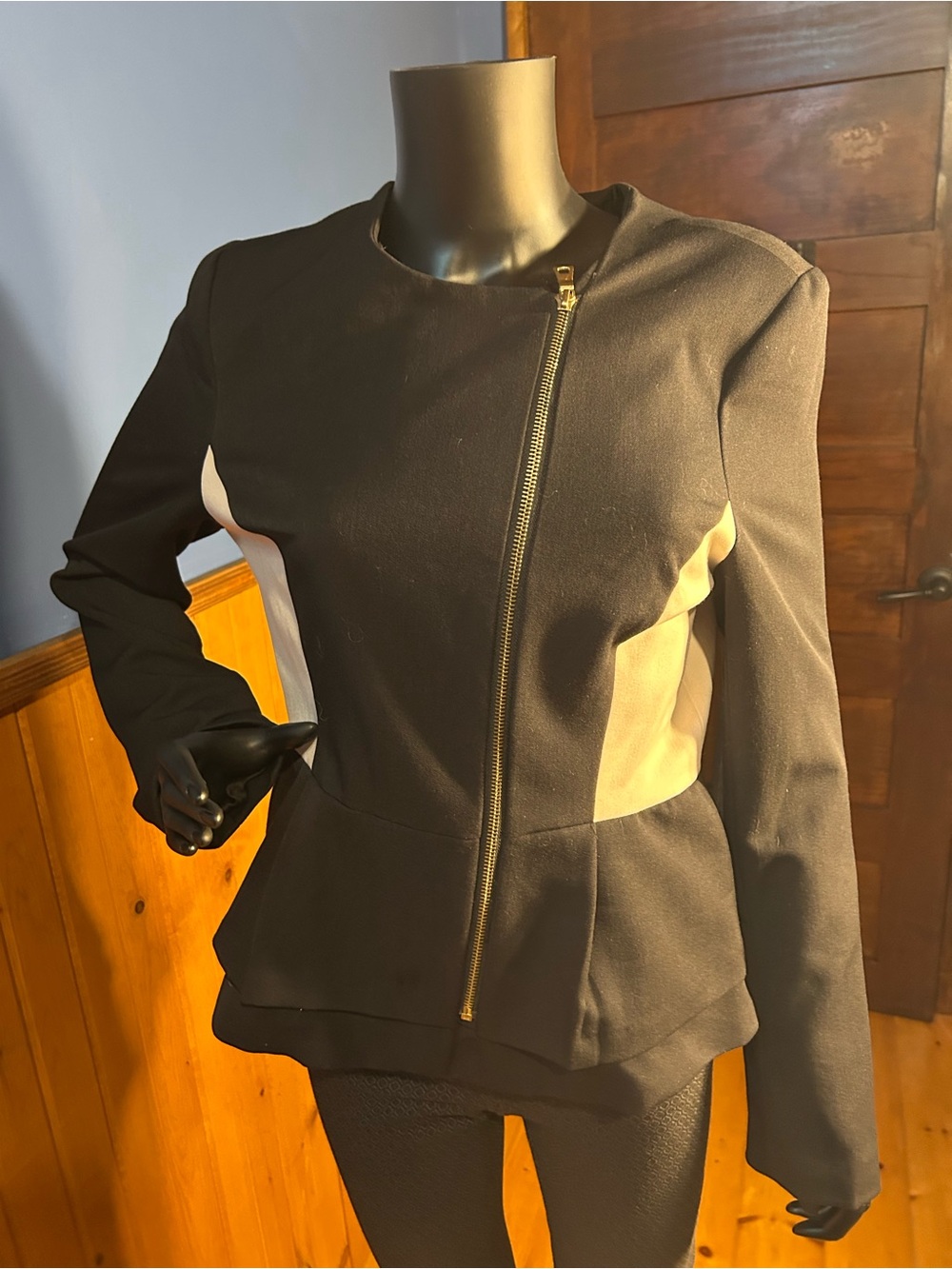 Daniel Rainn Black Jacket with Cream Side Panels and Gold Zip